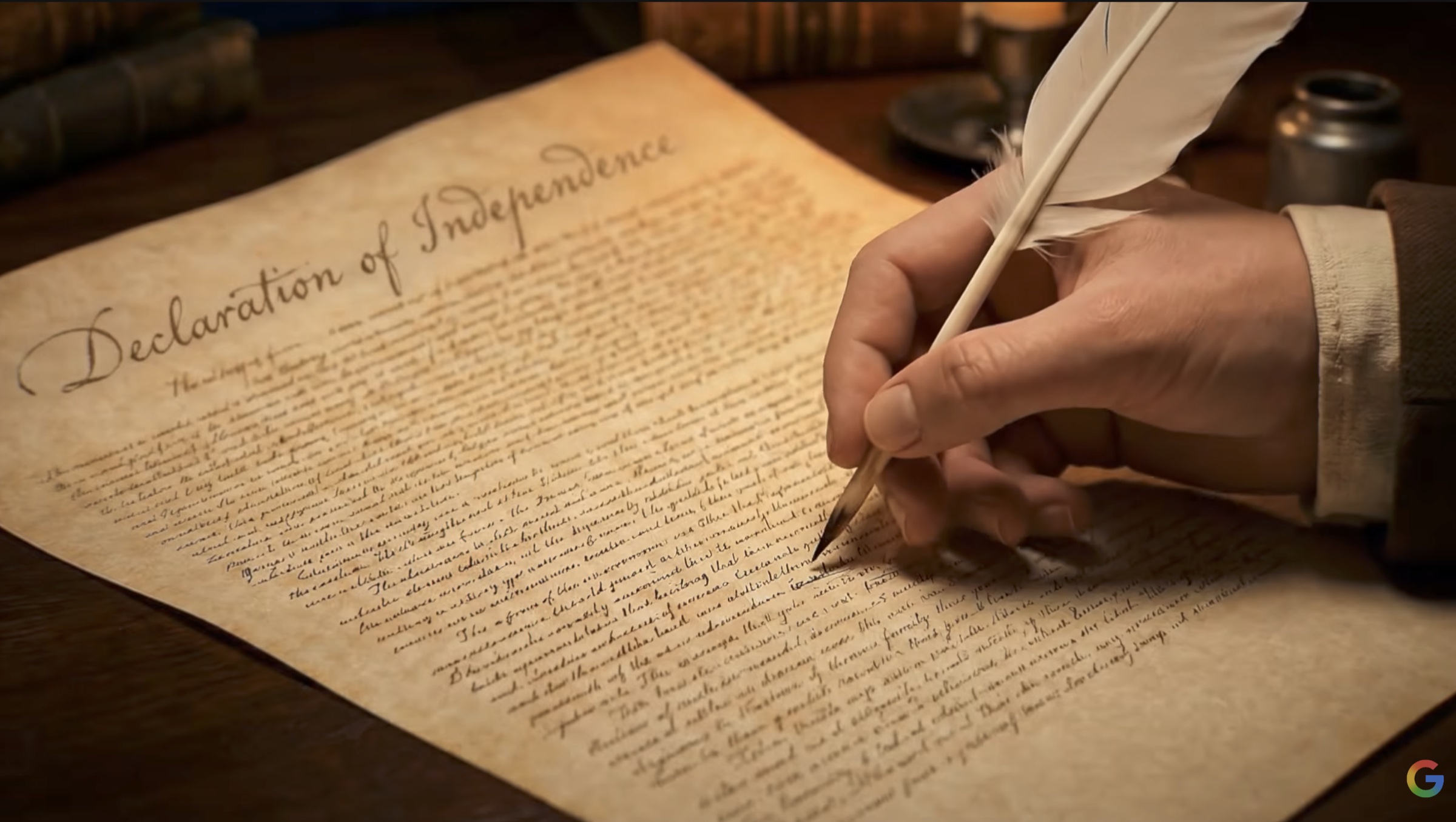 Google Declaration of Independence AI film, quill scene