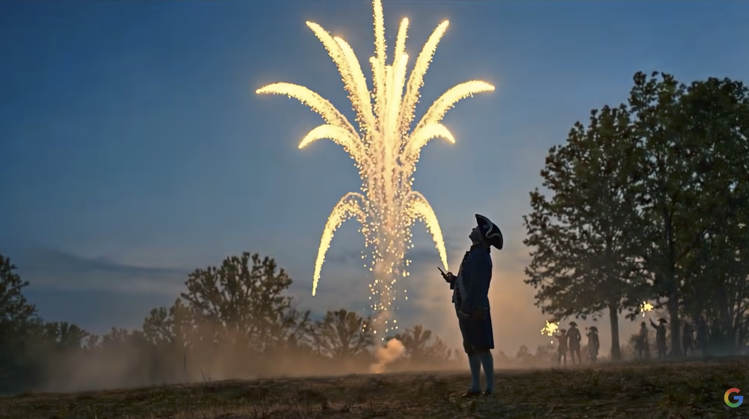 Google Declaration of Independence AI film, colonial fireworks scene