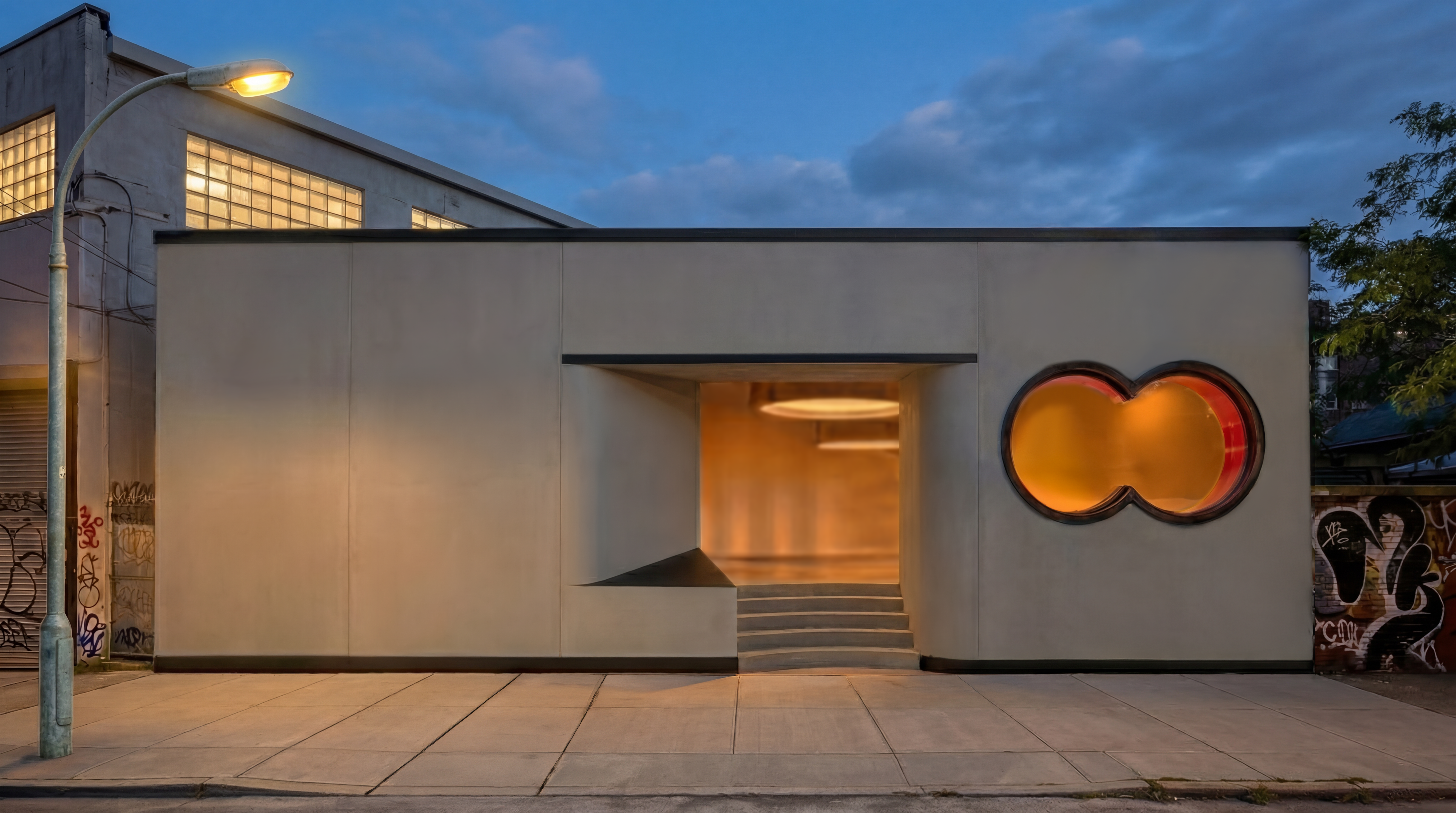 The Round music venue facade, front elevation at dusk